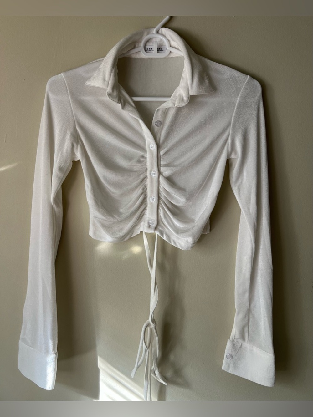 12th Tribe White Ruched Tie-Front Button-Down Crop Top